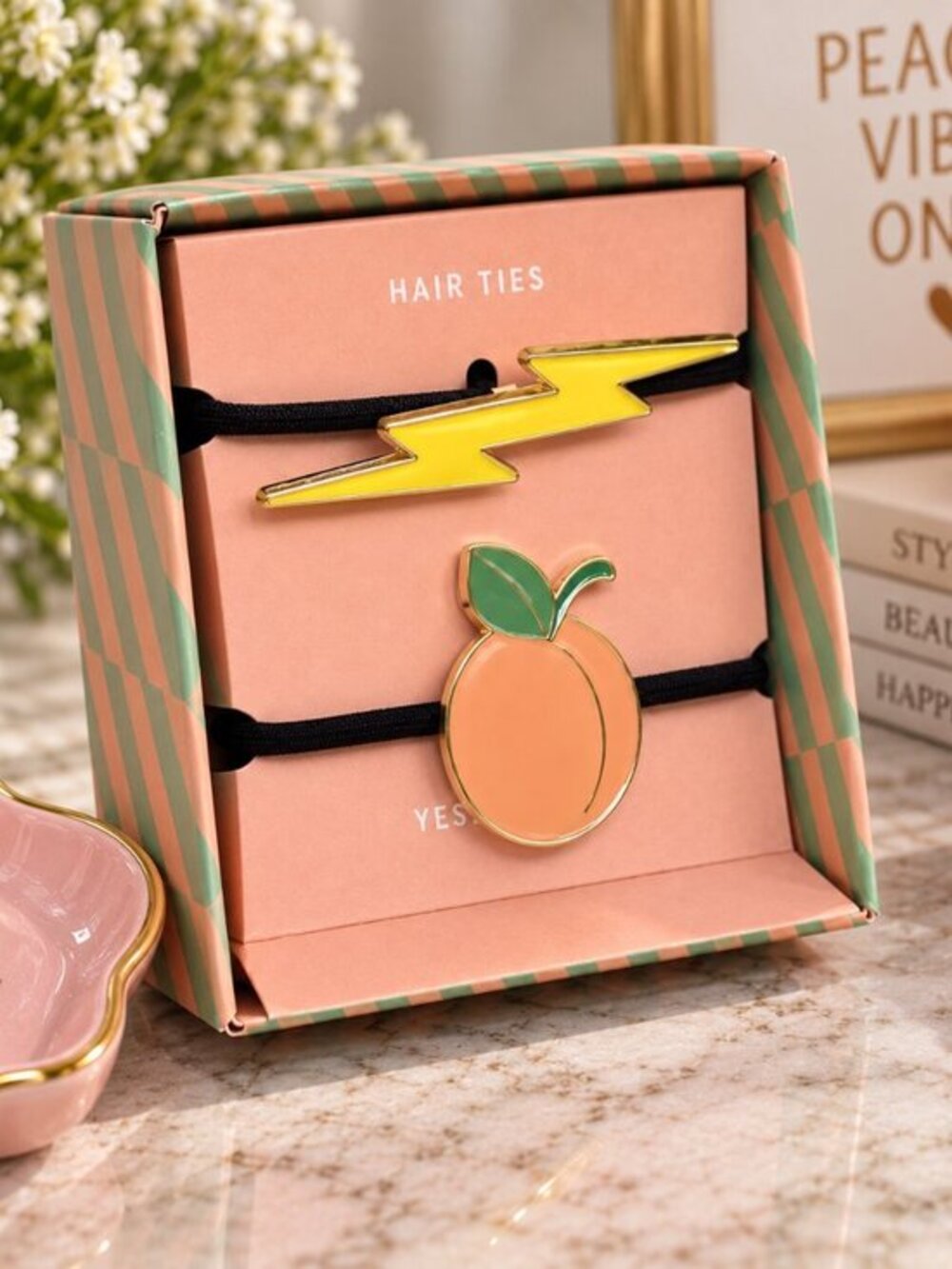 Peach & Lightning Bolt Charm Hair Tie Set Black Elastic NWT